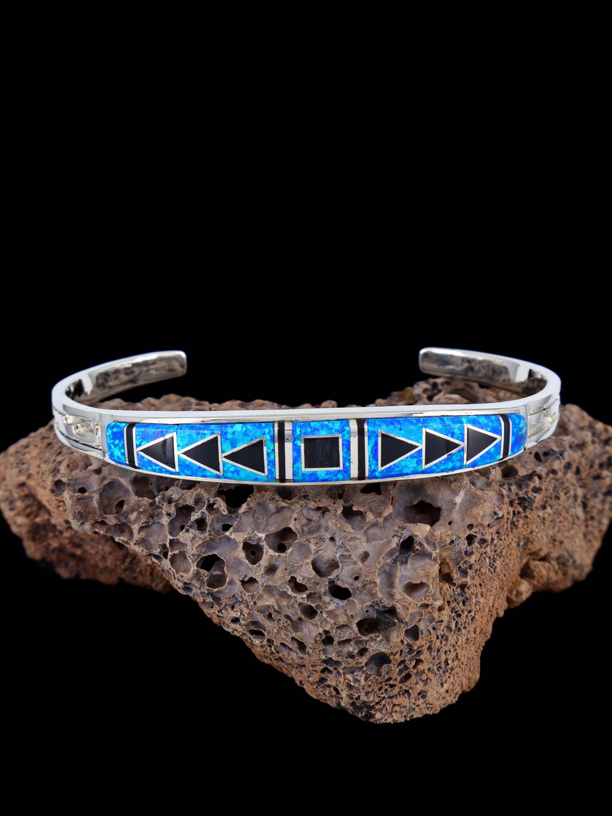 Navajo Sterling Silver Jet and Opalite Inlay Cuff Bracelet