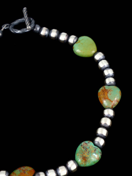 Native American Jewelry Turquoise Heart and Silver Beaded Bracelet