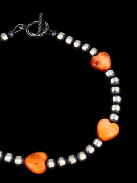 Navajo Jewelry Spiny Oyster Heart and Silver Beaded Bracelet