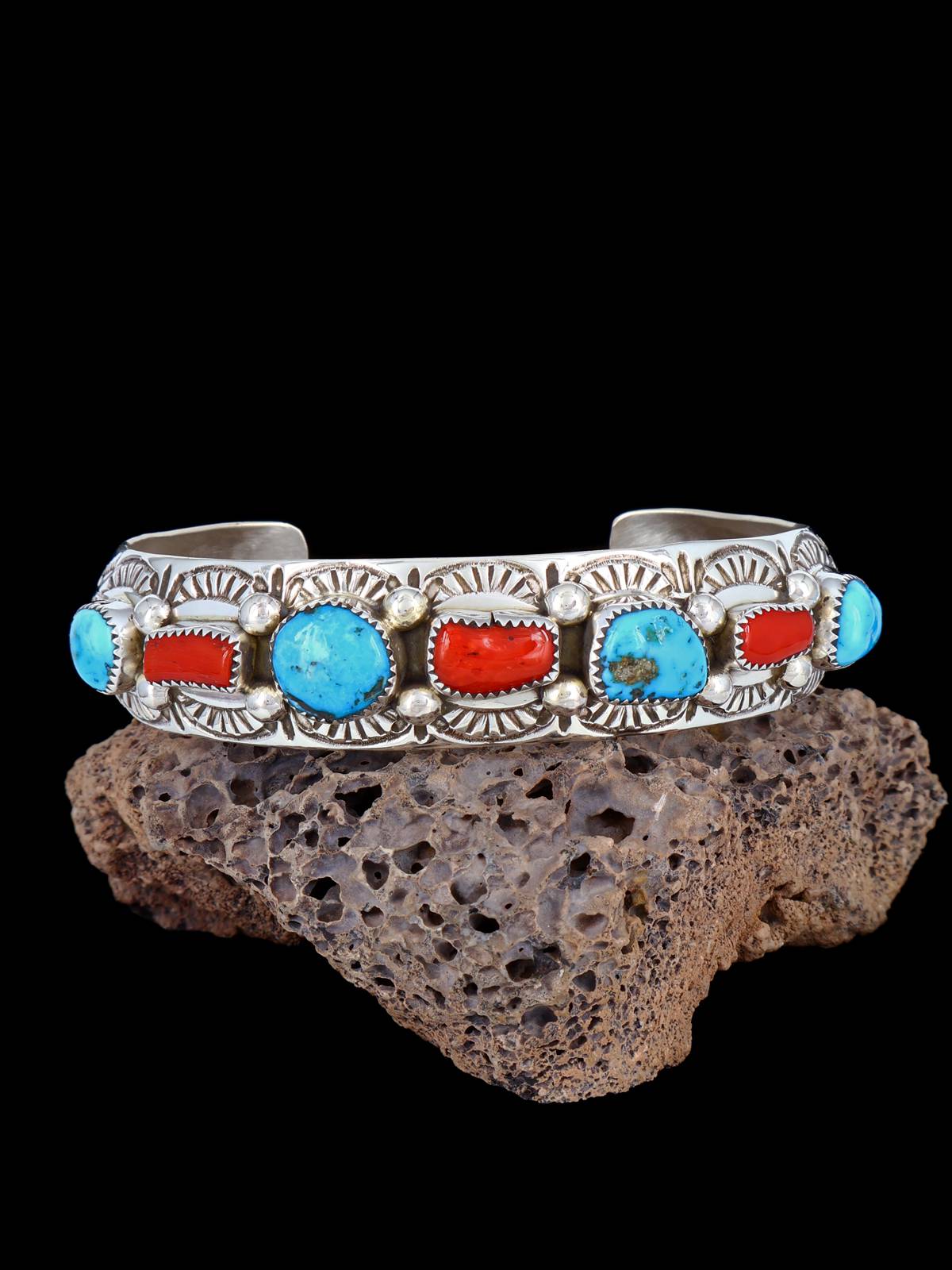 Native American Sterling Silver Turquoise and Coral Cuff Bracelet