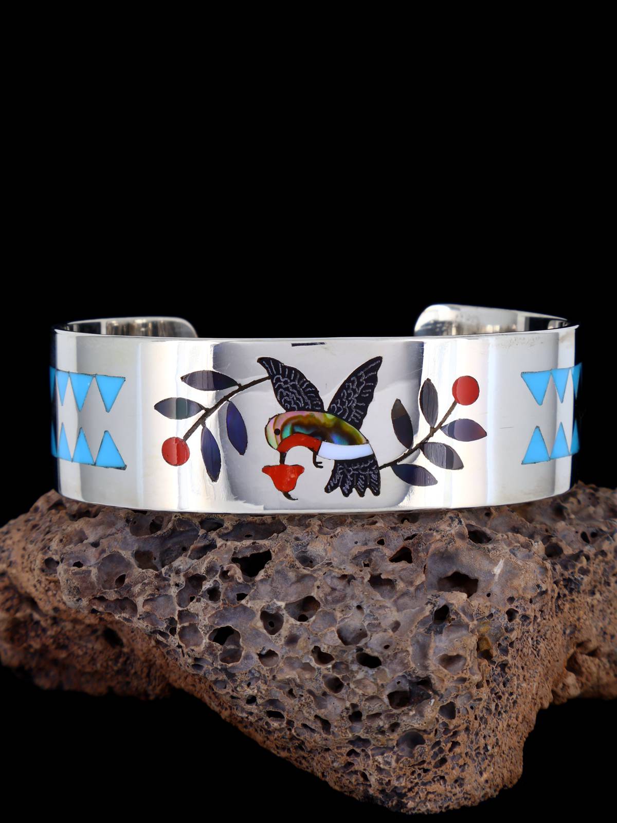 Zuni Hummingbird Inlay Sterling Silver Cuff Bracelet