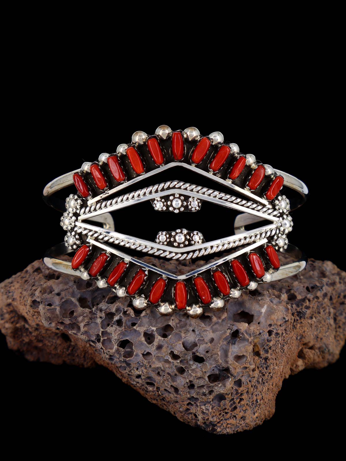 Sterling Silver Coral Petit Point Zuni Bracelet