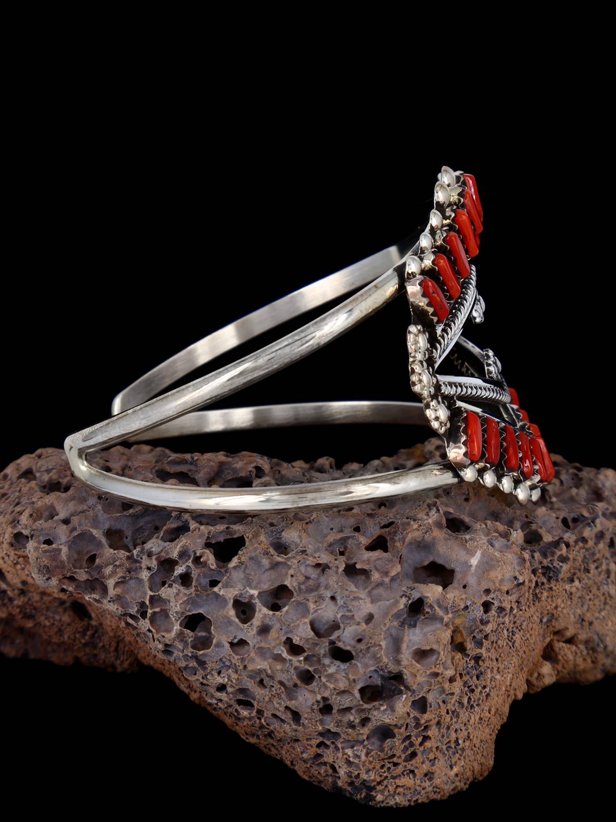 Sterling Silver Coral Petit Point Zuni Bracelet