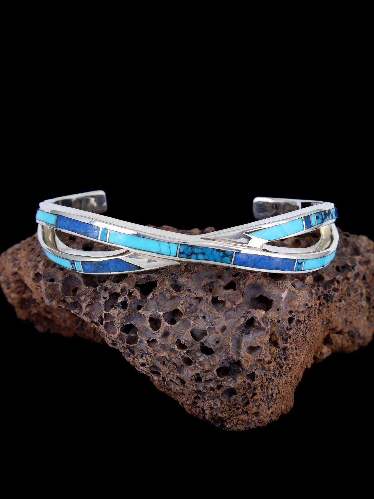 Native American Turquoise and Denim Lapis Mosaic Inlay Bracelet