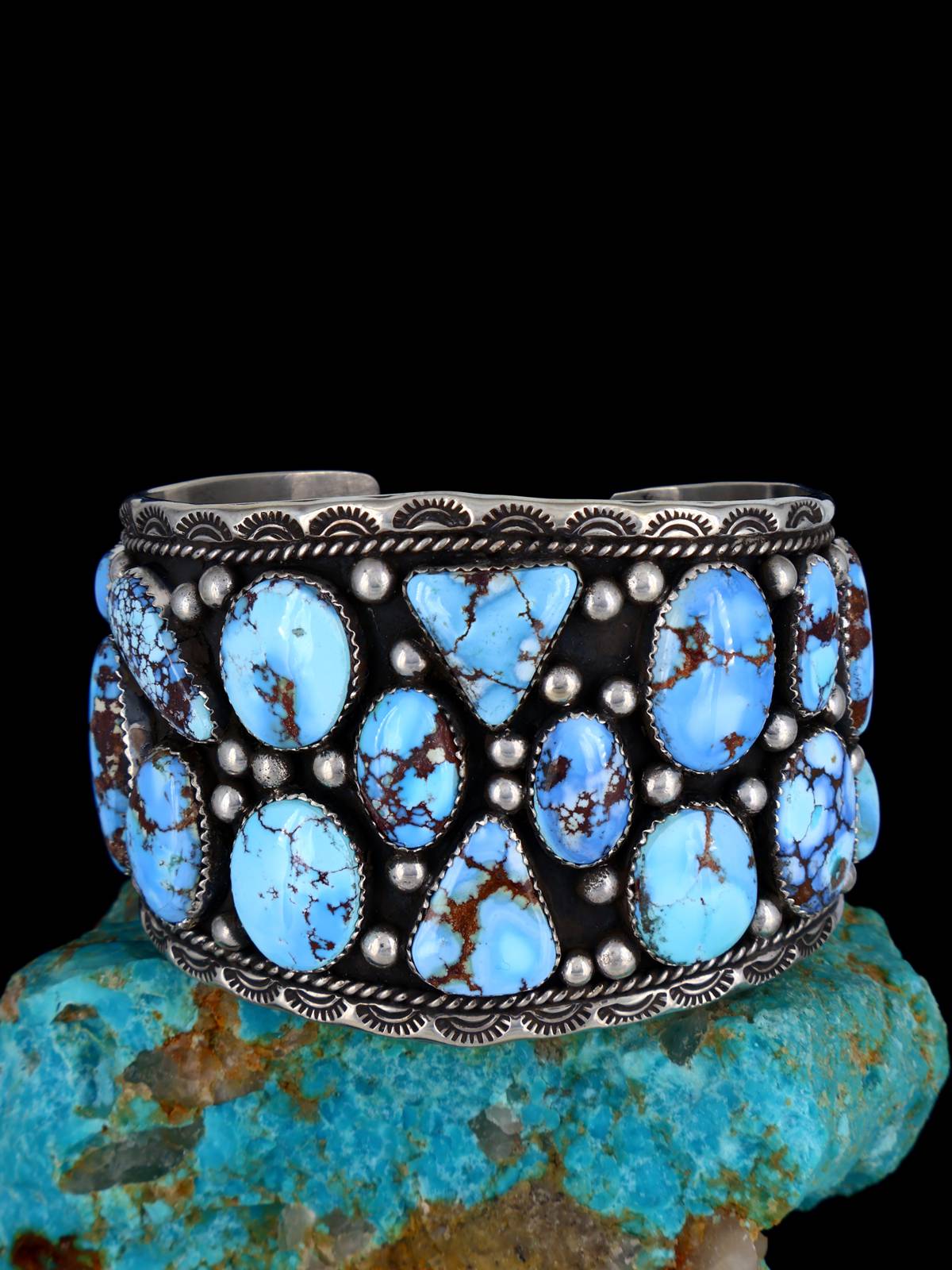 Navajo Natural Golden Hill Turquoise Cluster Sterling Silver Cuff Bracelet