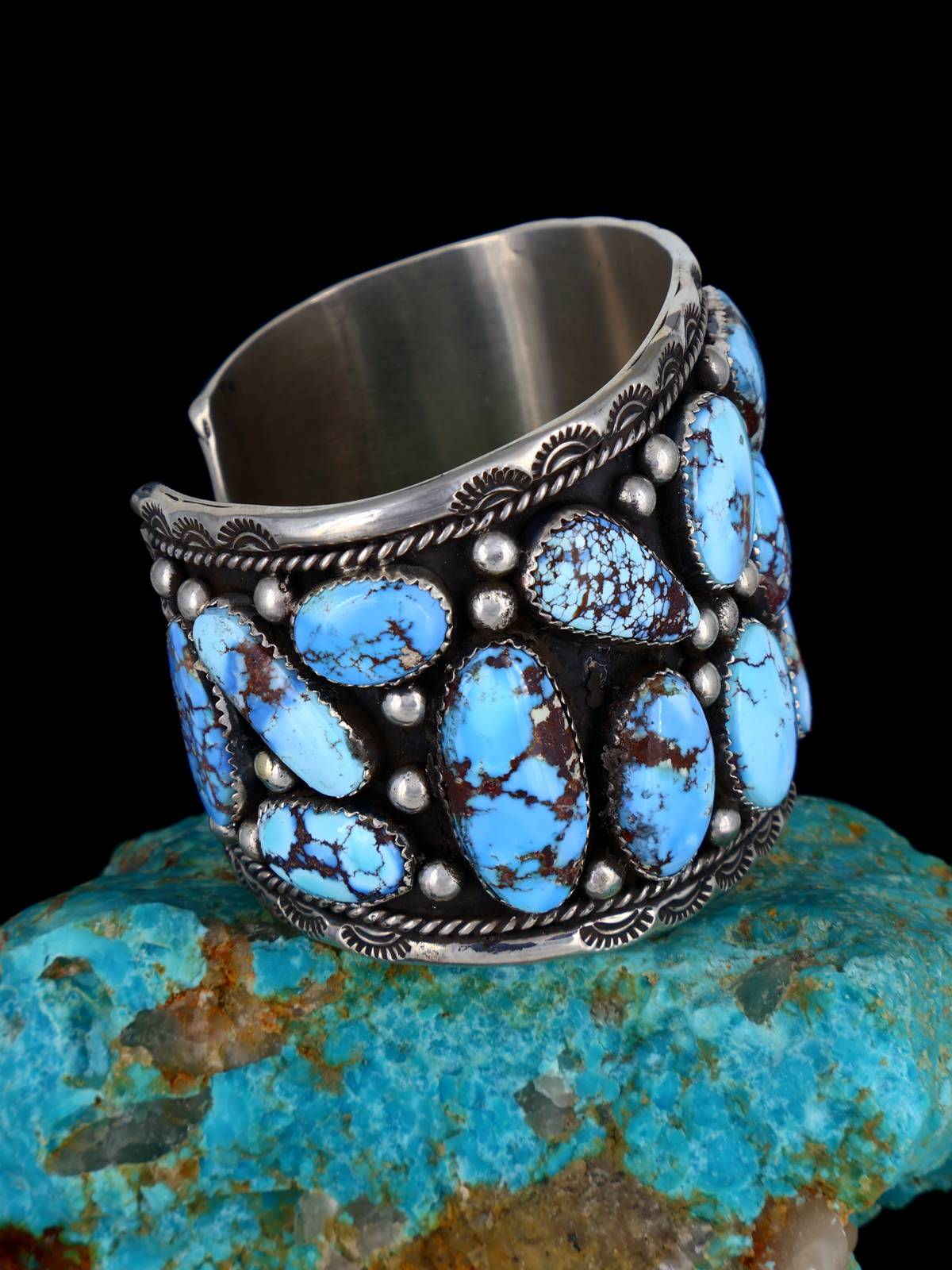 Navajo Natural Golden Hill Turquoise Cluster Sterling Silver Cuff Bracelet