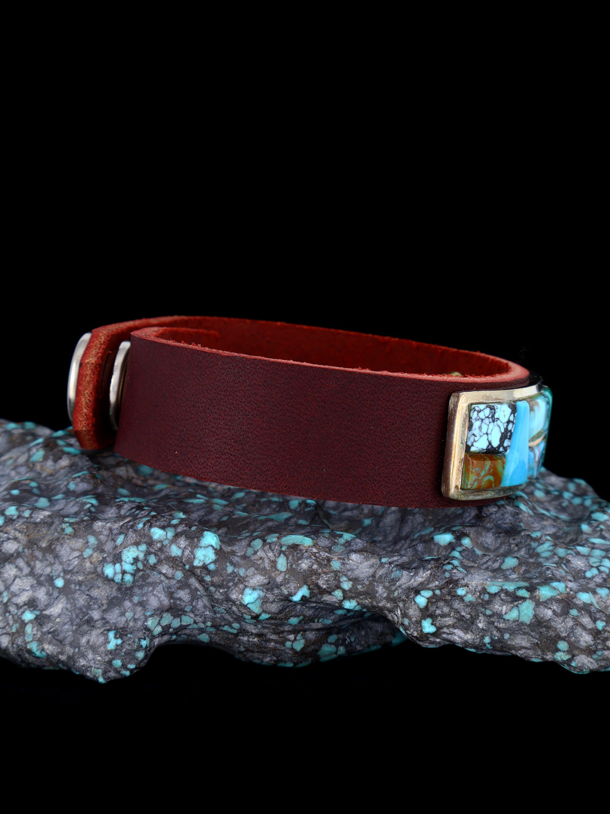 Native American Cobblestone Inlay Turquoise Leather Bracelet