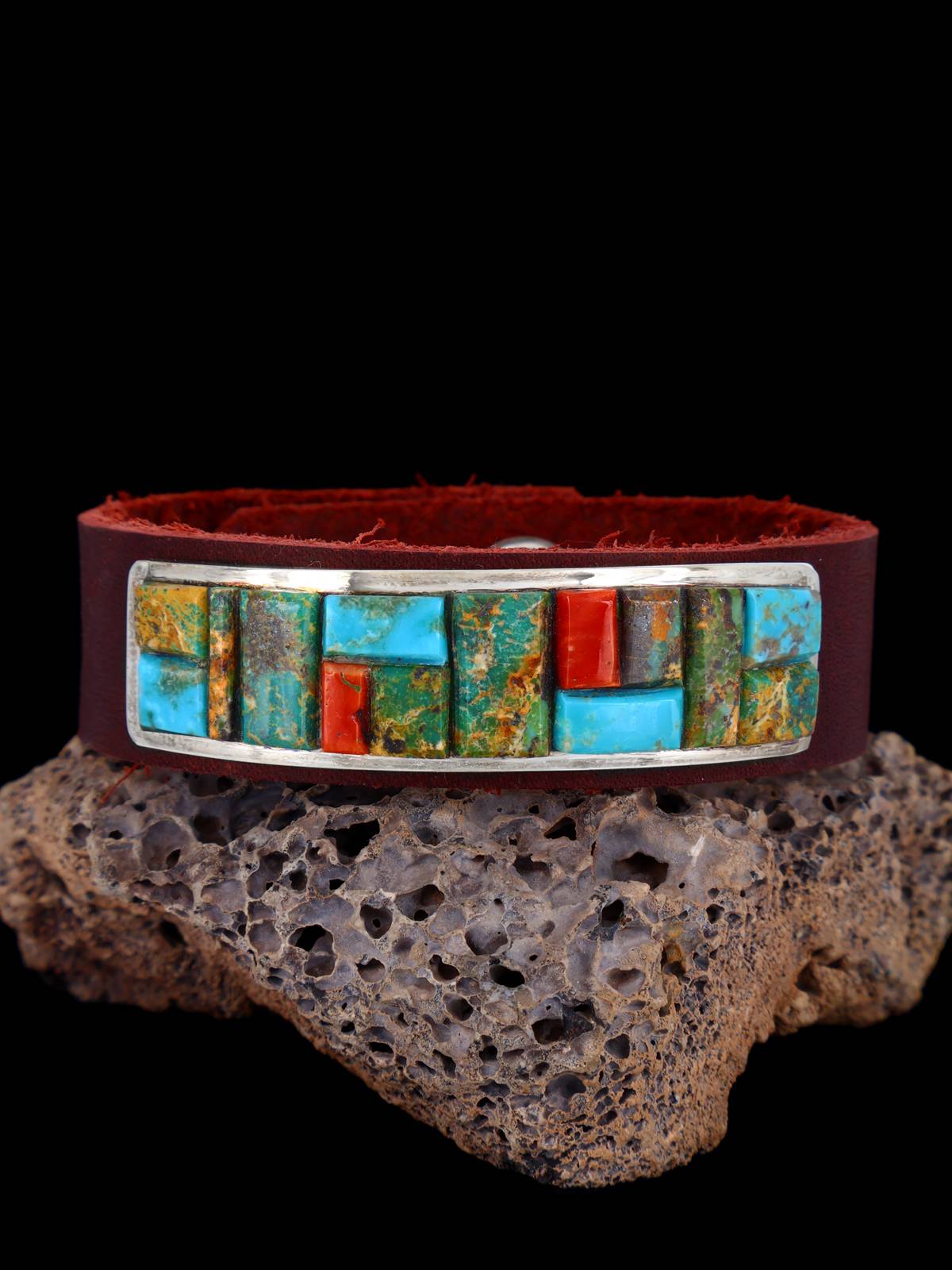 Native American Cobblestone Inlay Turquoise Leather Bracelet