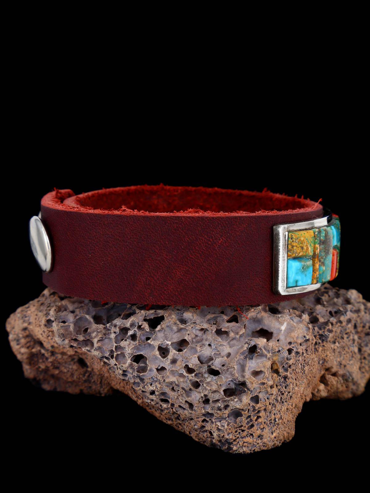 Native American Cobblestone Inlay Turquoise Leather Bracelet
