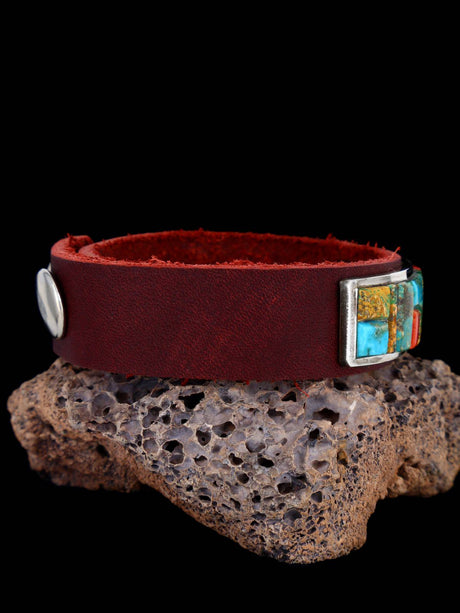 Native American Cobblestone Inlay Turquoise Leather Bracelet