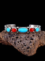 Navajo Sterling Silver Jewelry Turquoise and Coral Cuff Bracelet