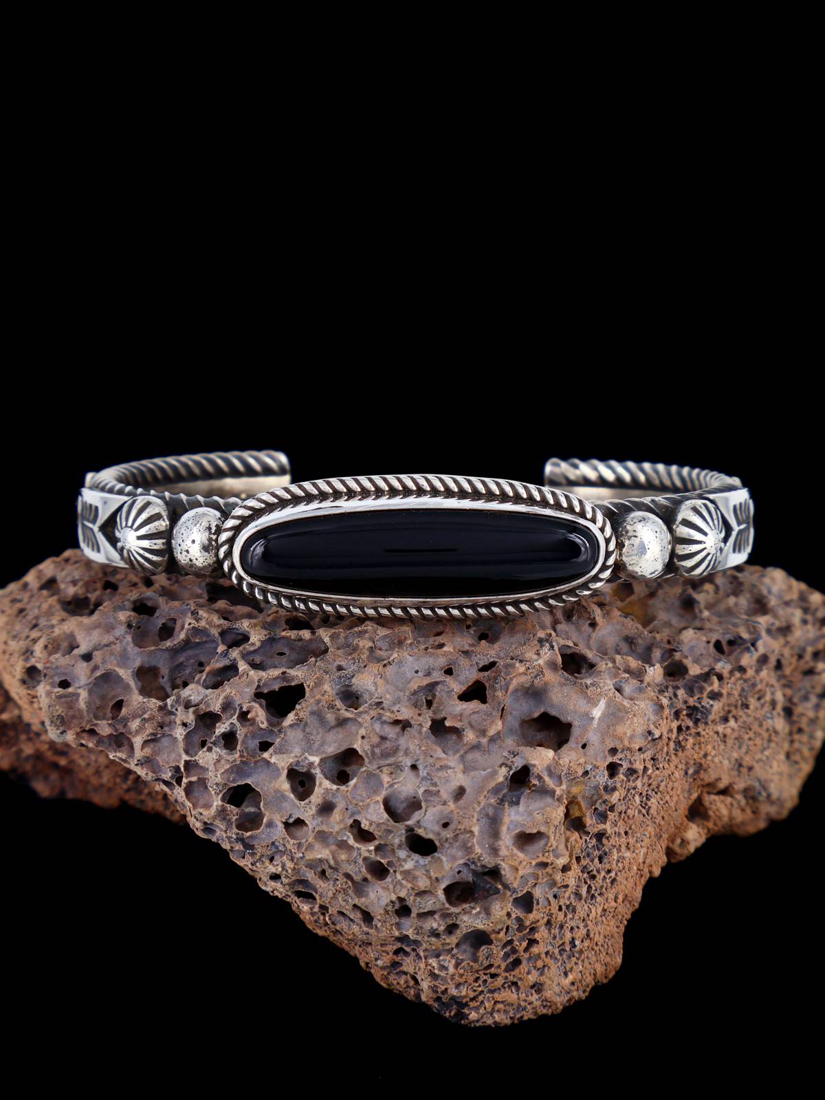 Navajo Jewelry Bracelet manchette en argent sterling avec onyx noir