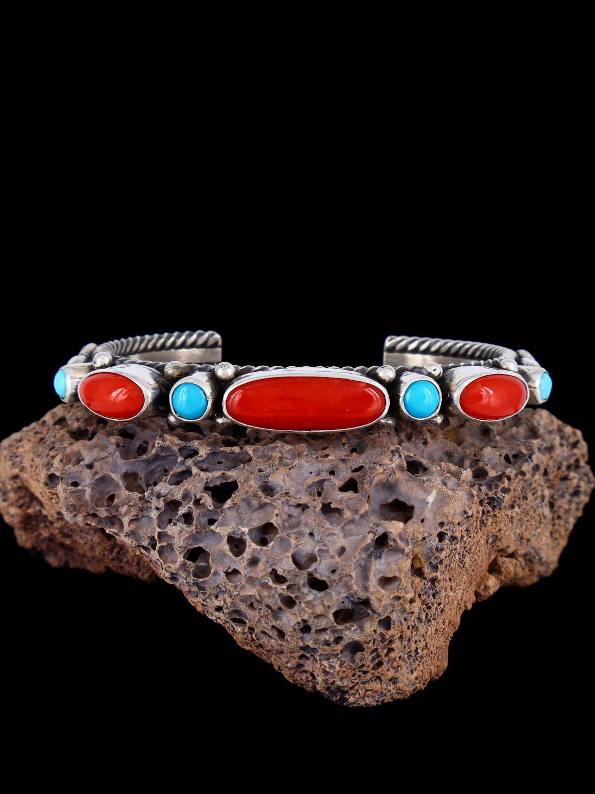 Navajo Sterling Silver Jewelry Turquoise and Coral Cuff Bracelet