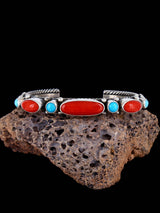Navajo Sterling Silver Jewelry Turquoise and Coral Cuff Bracelet