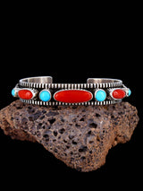 Navajo Sterling Silver Jewelry Turquoise and Coral Cuff Bracelet