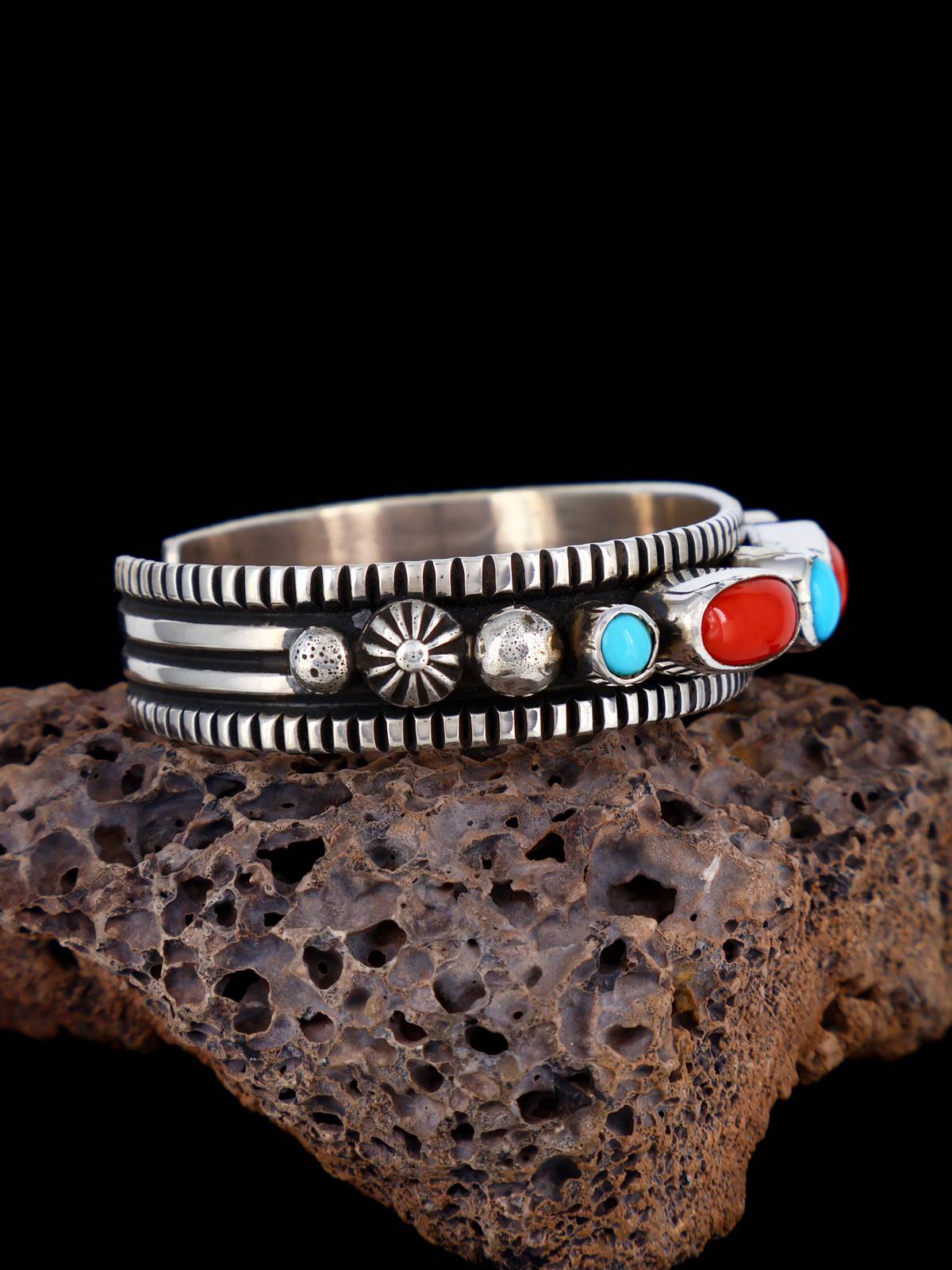 Navajo Sterling Silver Jewelry Turquoise and Coral Cuff Bracelet