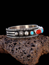 Navajo Sterling Silver Jewelry Turquoise and Coral Cuff Bracelet