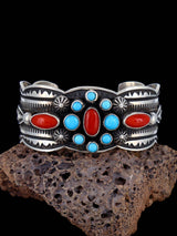 Navajo Sterling Silver Jewelry Turquoise and Coral Cuff Bracelet