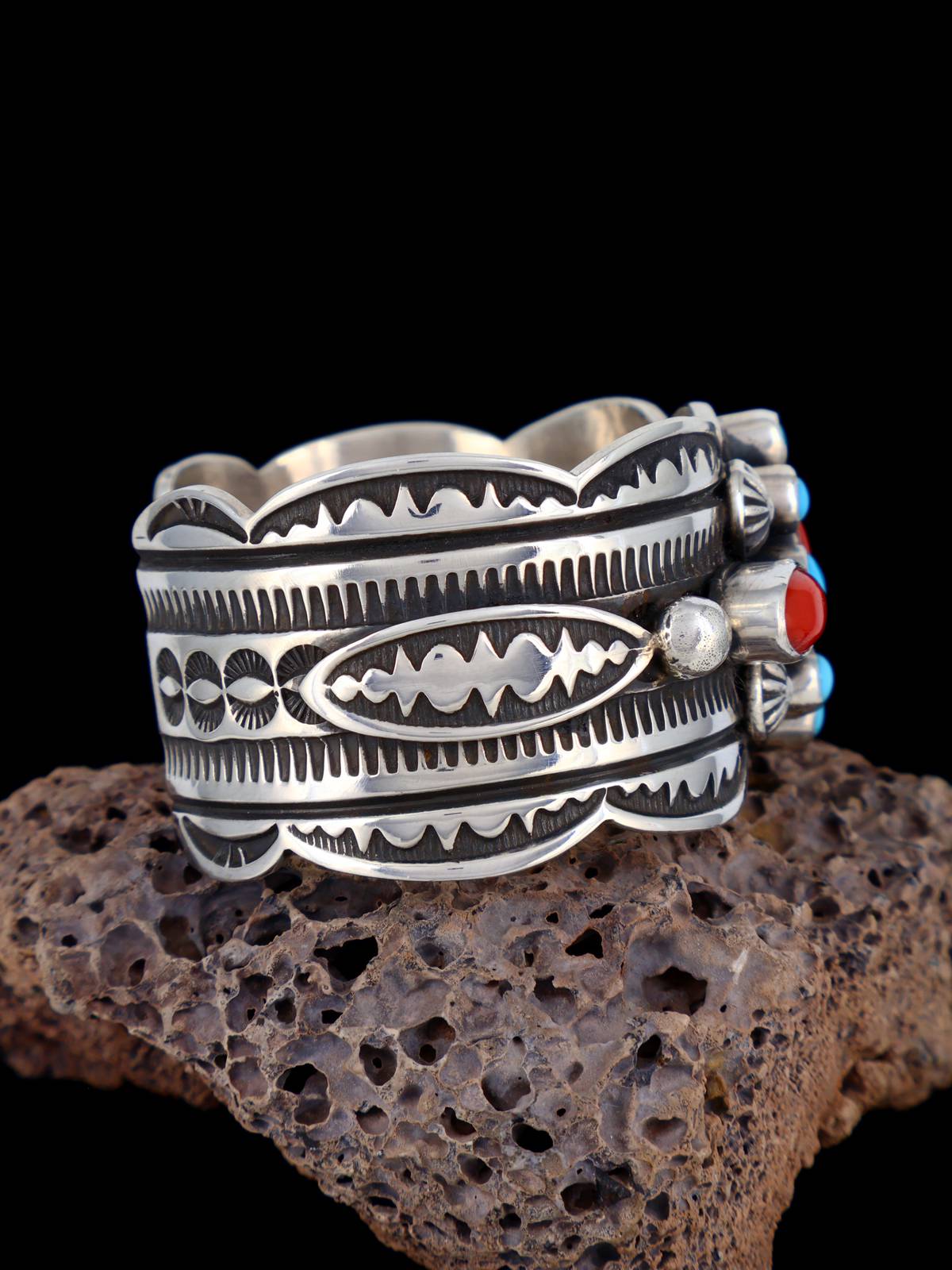 Navajo Sterling Silver Jewelry Turquoise and Coral Cuff Bracelet