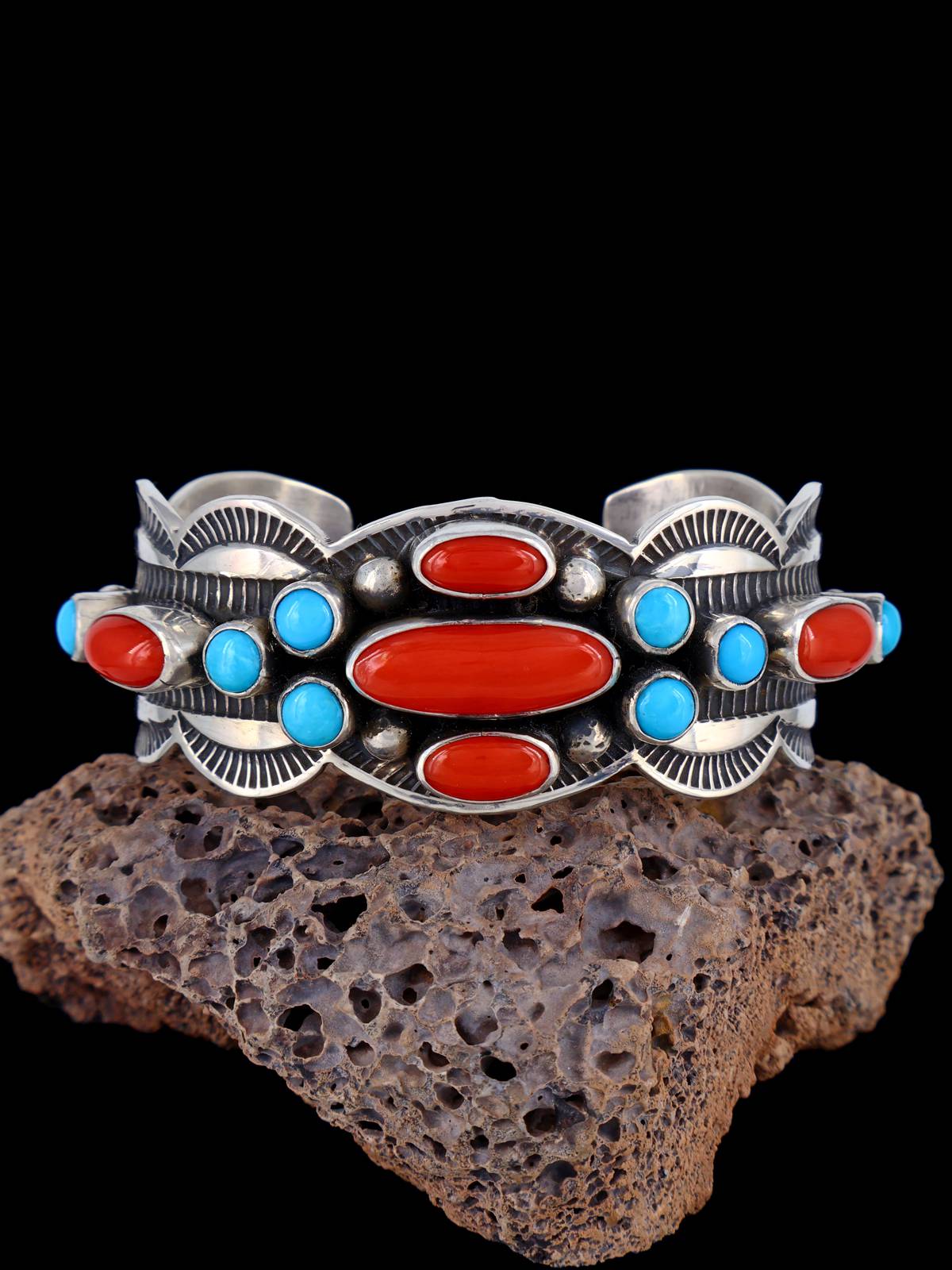 Navajo Sterling Silver Jewelry Turquoise and Coral Cuff Bracelet