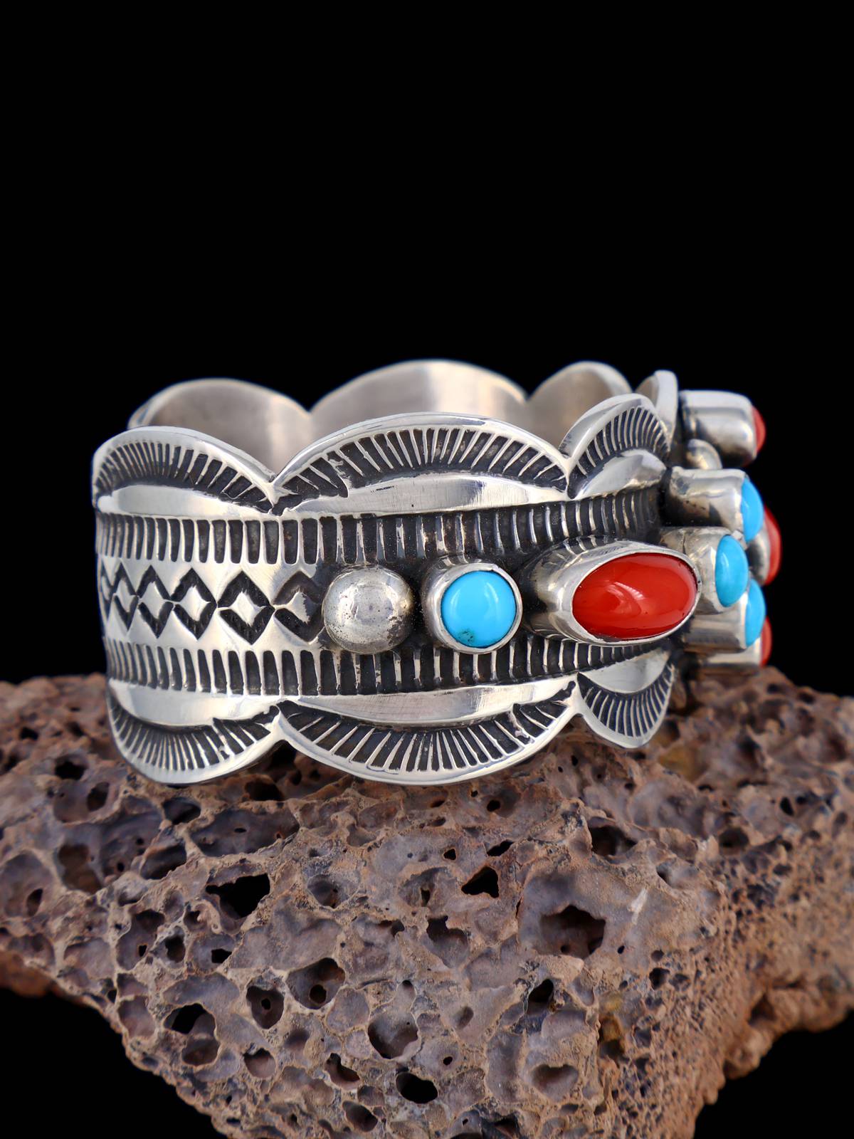 Navajo Sterling Silver Jewelry Turquoise and Coral Cuff Bracelet