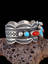Navajo Sterling Silver Jewelry Turquoise and Coral Cuff Bracelet