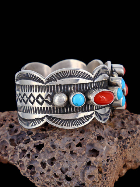 Navajo Sterling Silver Jewelry Turquoise and Coral Cuff Bracelet