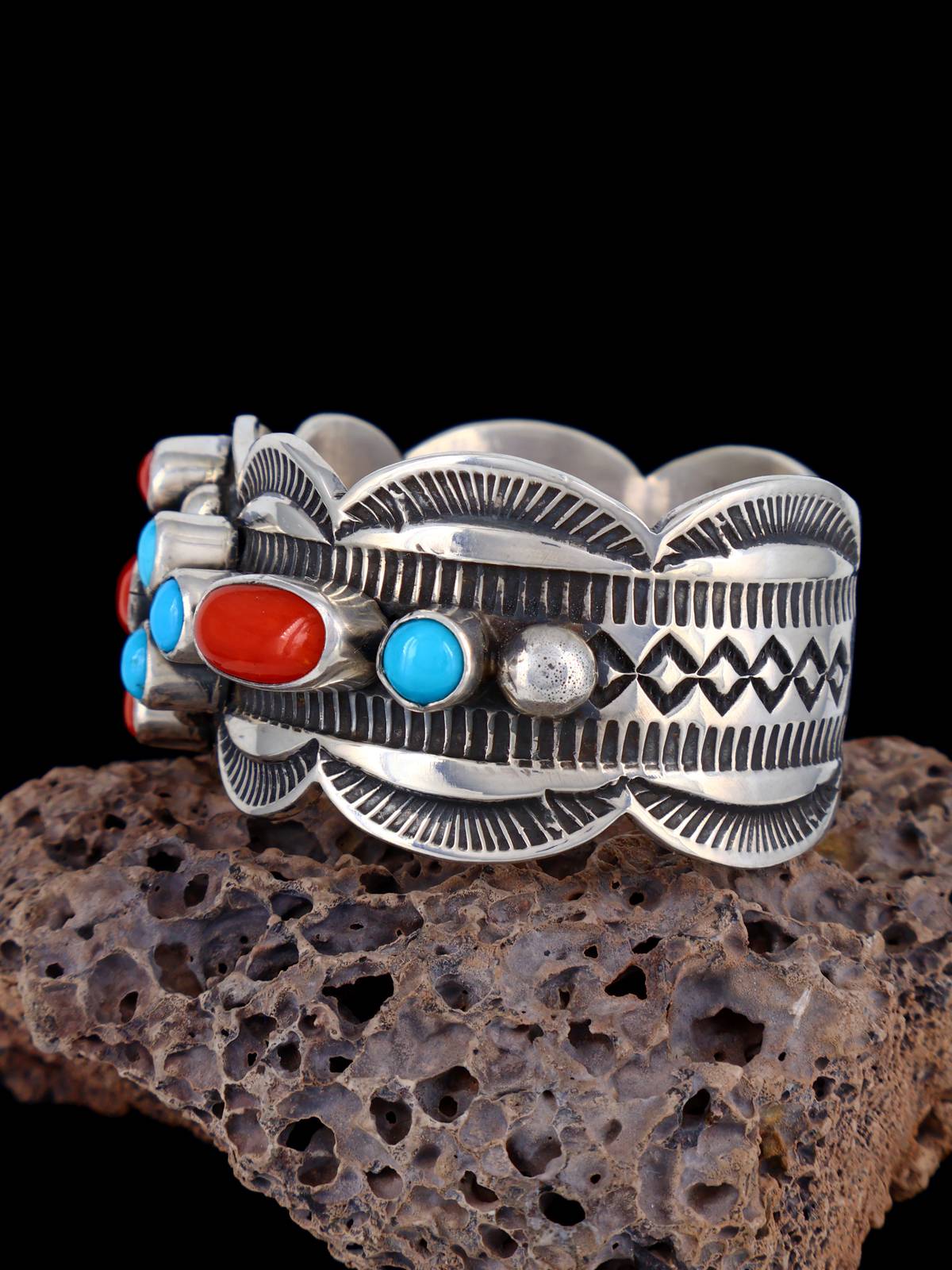 Navajo Sterling Silver Jewelry Turquoise and Coral Cuff Bracelet