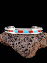 Native American Turquoise and Coral Inlay Cuff Bracelet