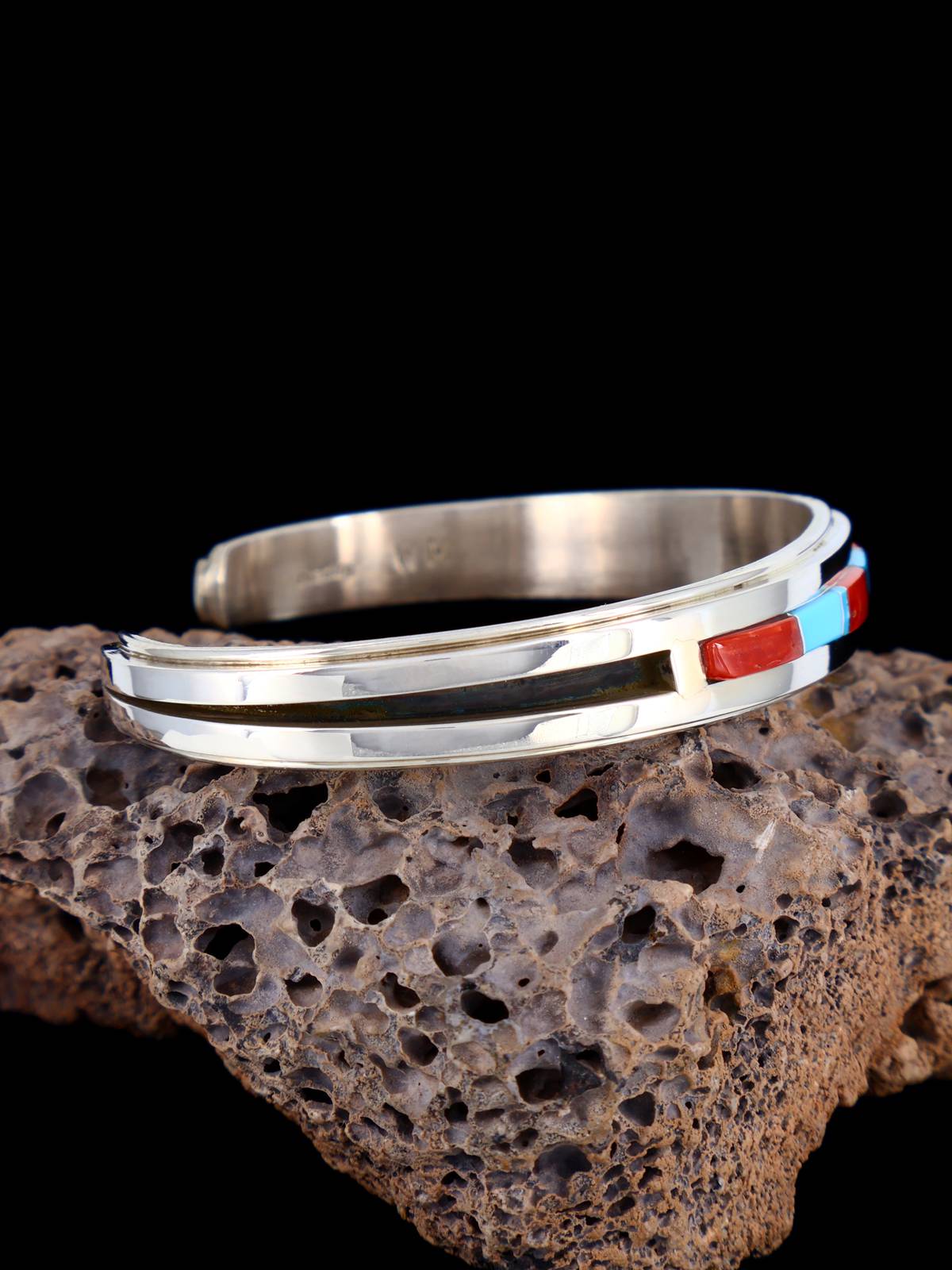 Native American Turquoise and Coral Inlay Cuff Bracelet