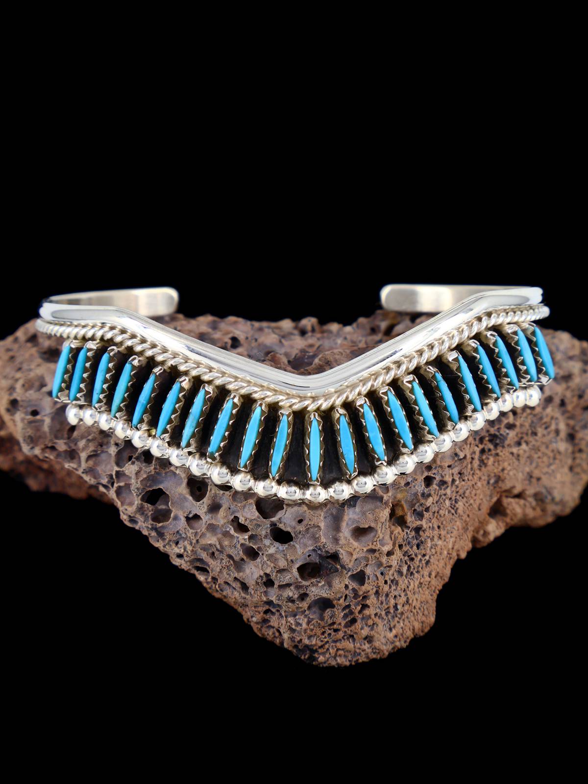 Pulsera de punto de aguja Zuni turquesa de plata de ley
