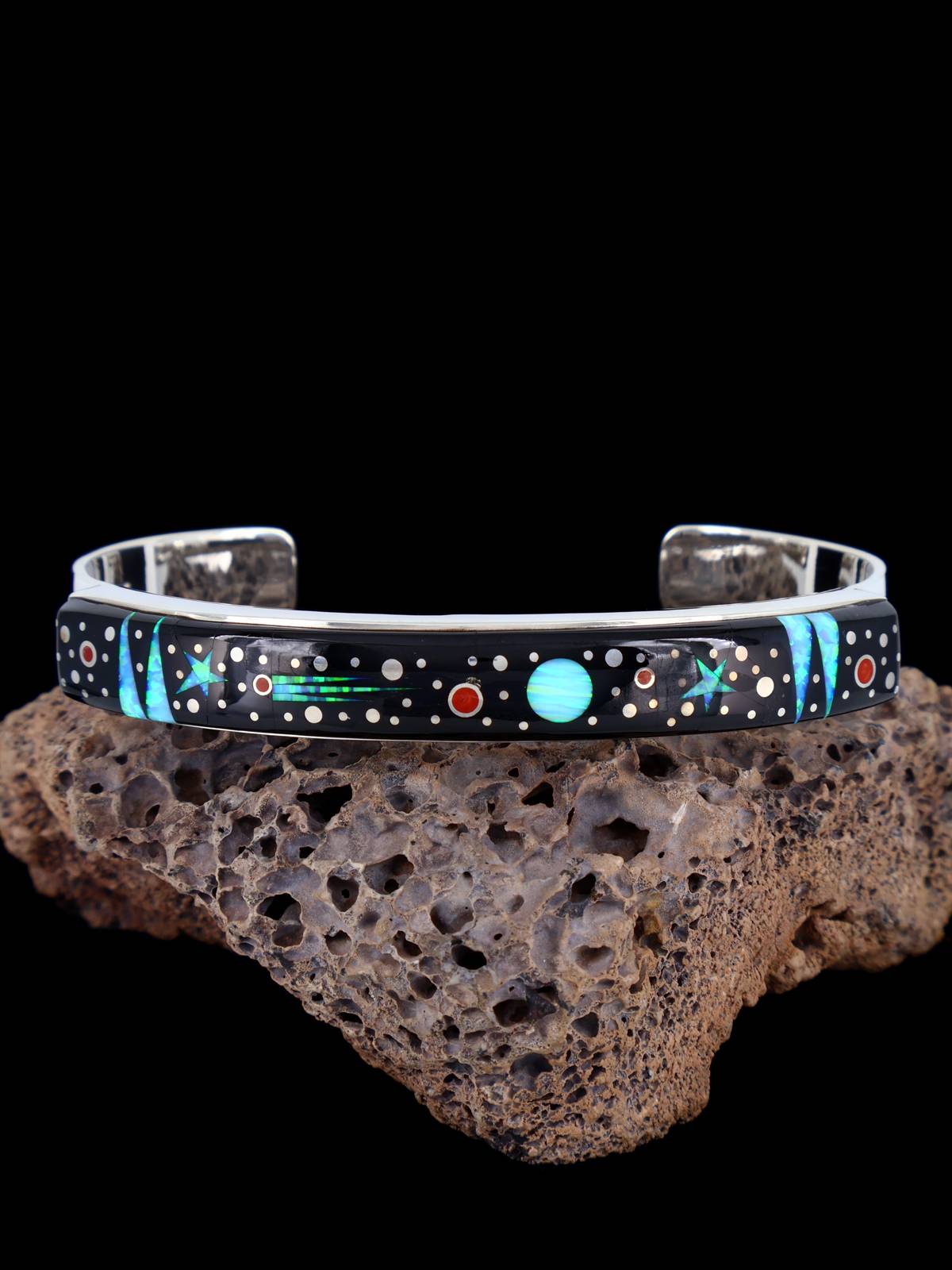 Navajo Sterling Silver Black Jade Night Sky Inlay Bracelet
