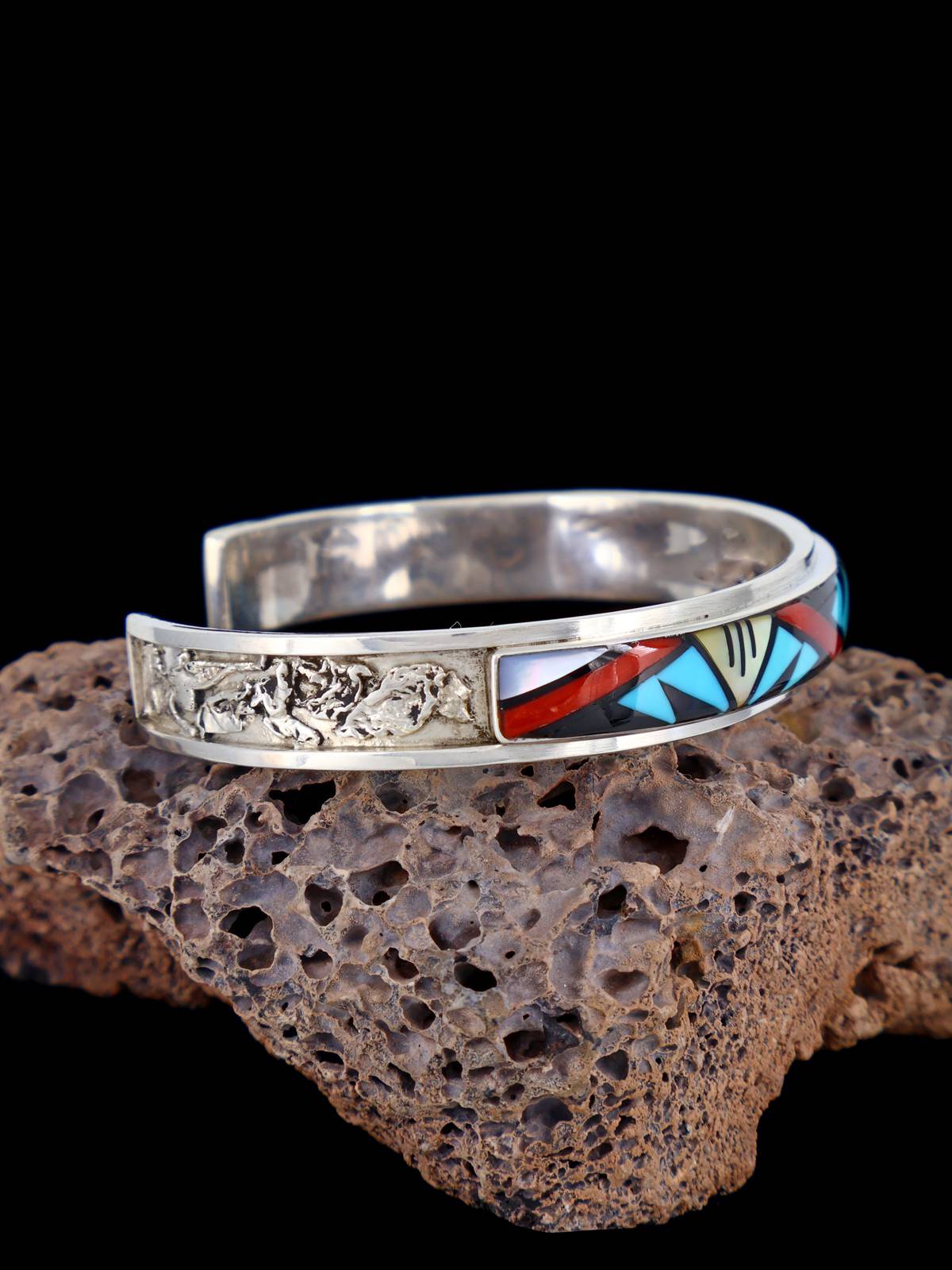 Joyería nativa americana Zuni Inlay Sunface Cuff Pulsera