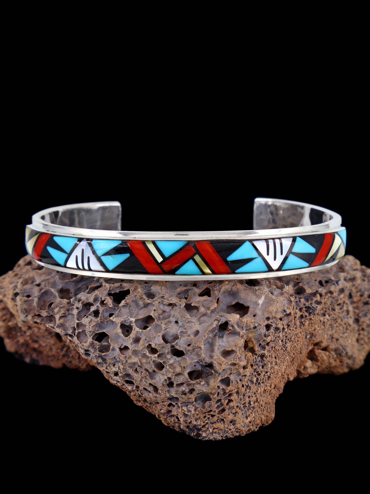 Native American Jewelry Bracelet manchette avec incrustation Zuni et visage solaire