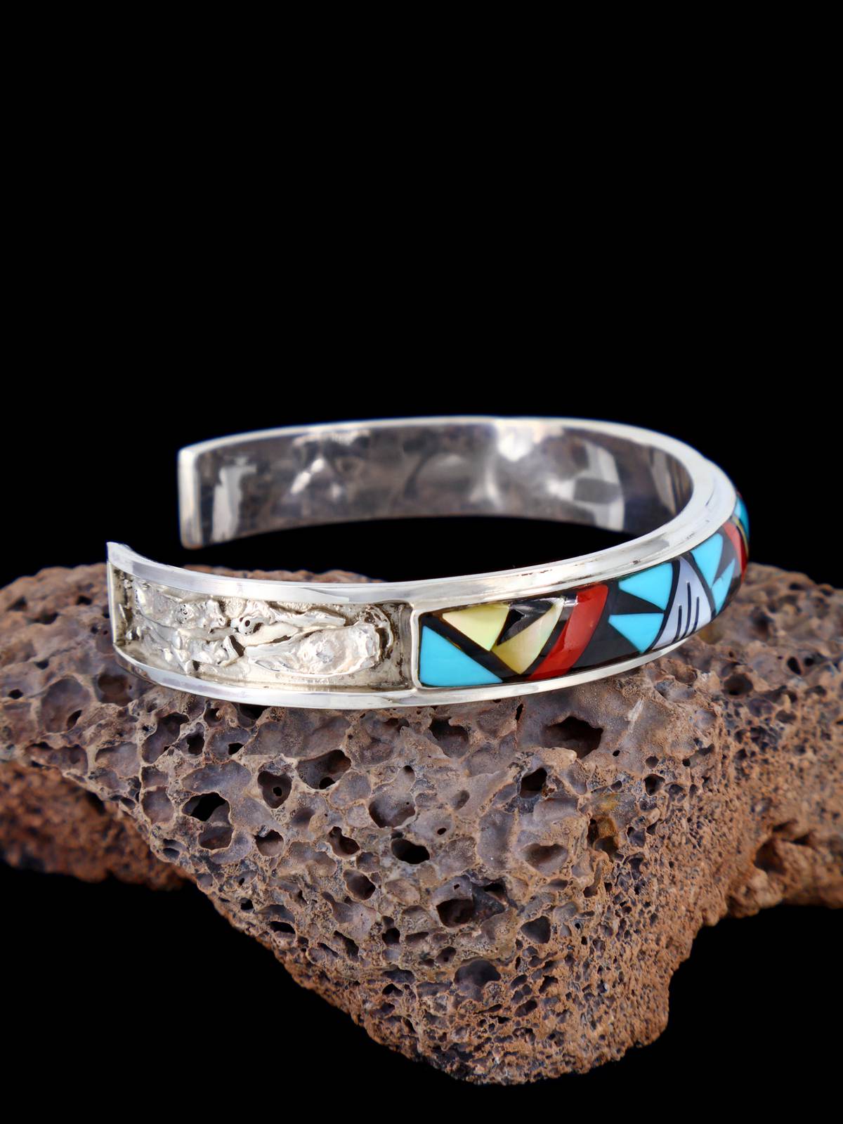 Native American Jewelry Bracelet manchette avec incrustation Zuni et visage solaire