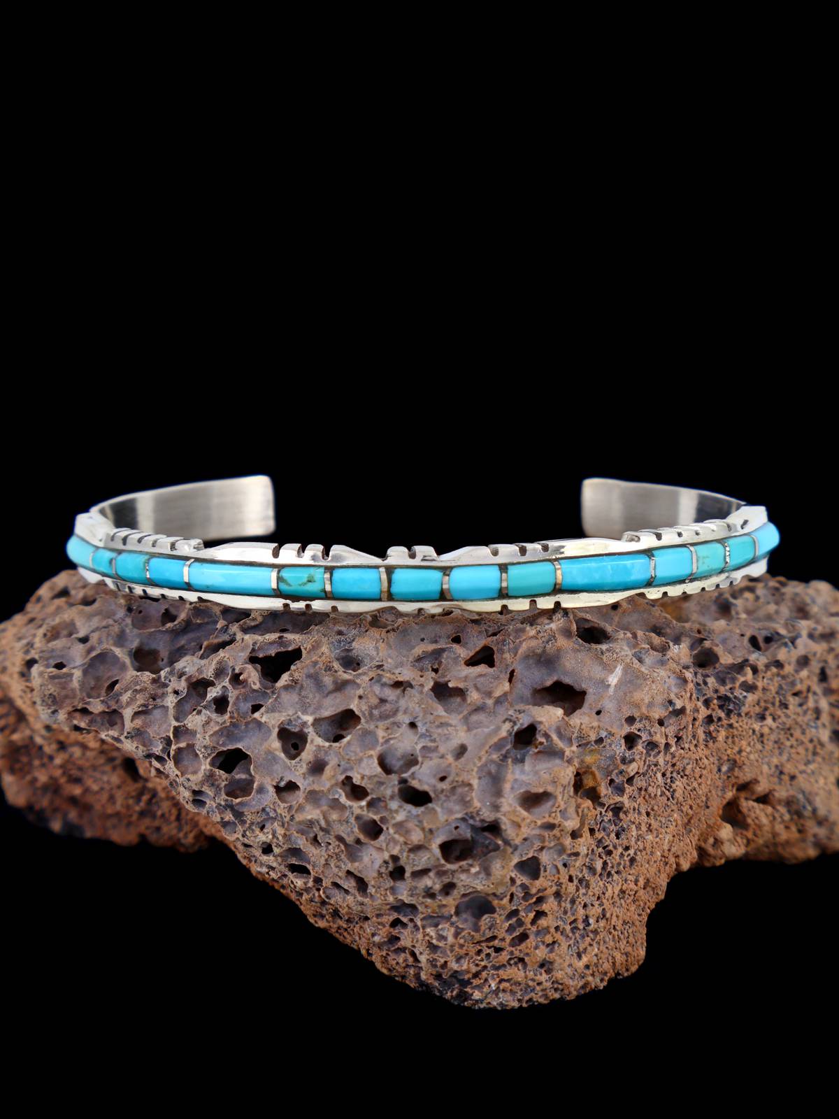 Single Row Sterling Silver Zuni Turquoise Inlay Bracelet