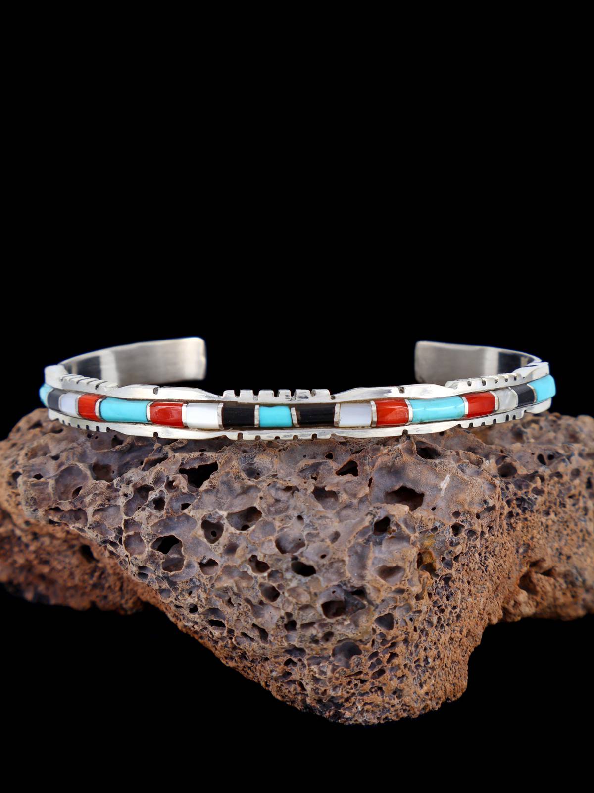 Single Row Sterling Silver Zuni Multistone Inlay Bracelet