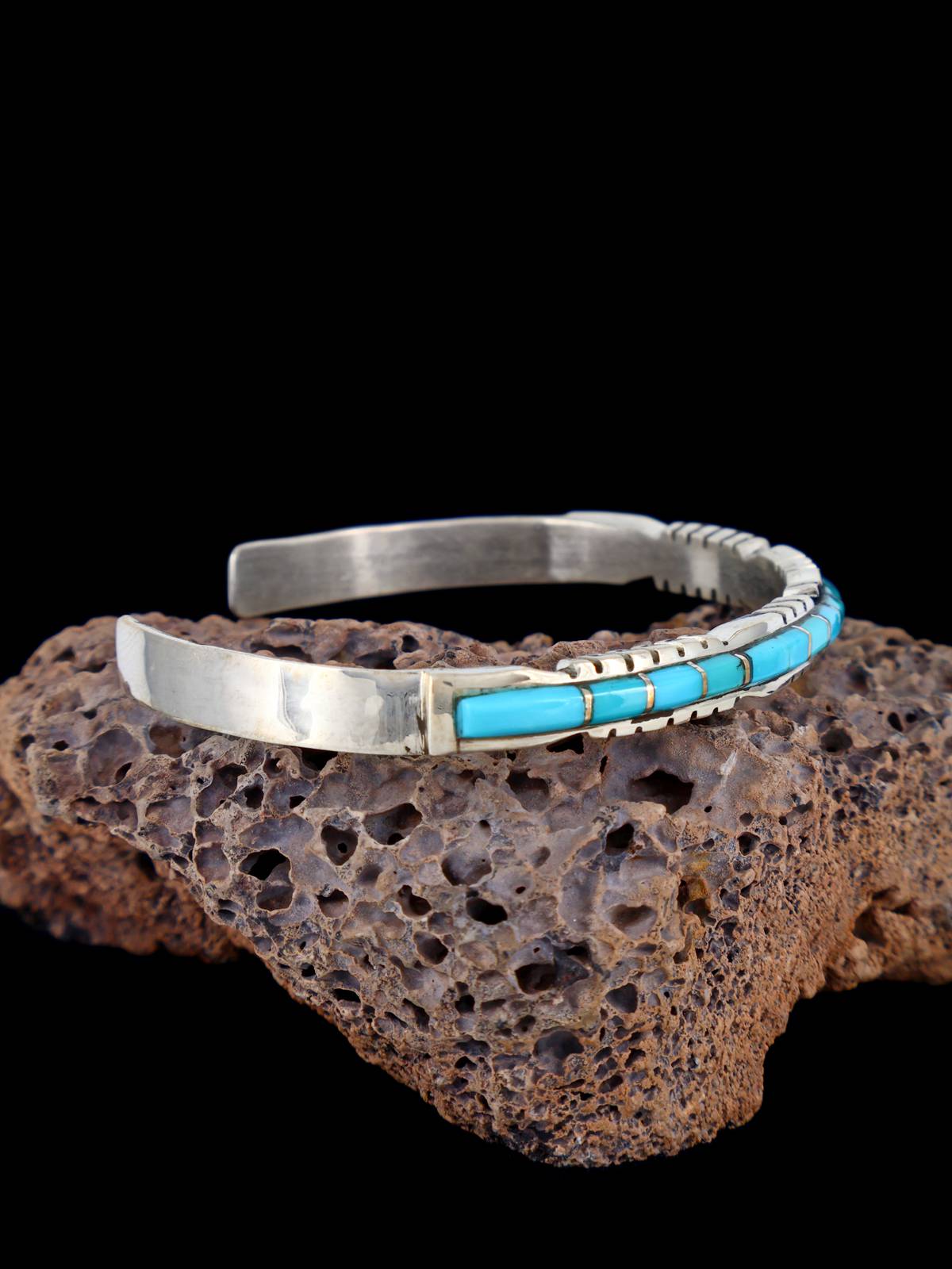 Single Row Sterling Silver Zuni Turquoise Inlay Bracelet