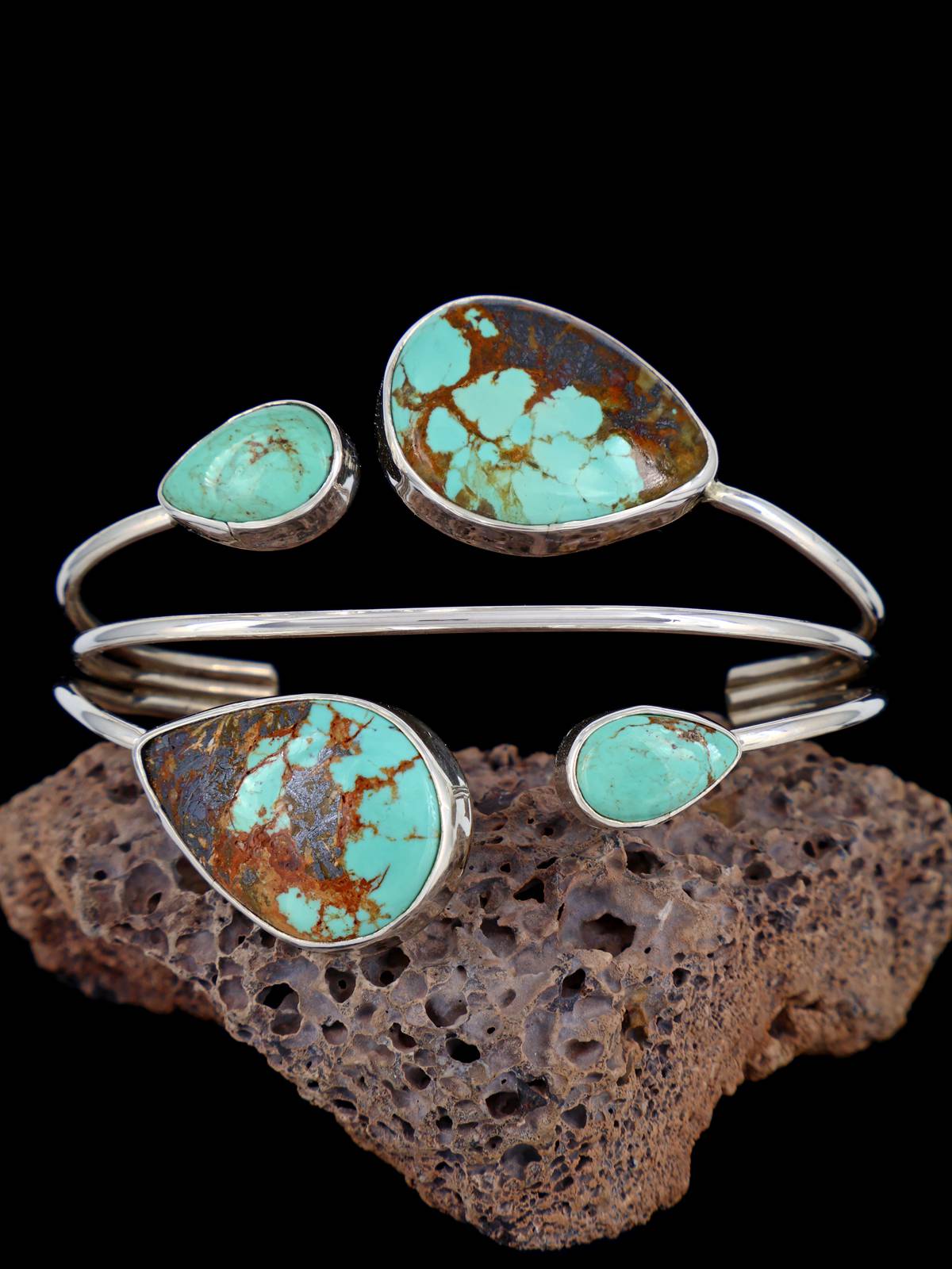 Navajo Sterling Silver Floating Turquoise Cuff Bracelet - PuebloDirect.com
