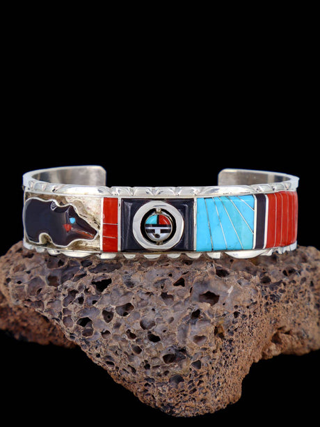 Sterling Silver Zuni Turquoise and Coral Inlay Spinner Bear Bracelet - PuebloDirect.com