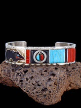 Sterling Silver Zuni Turquoise and Coral Inlay Spinner Bear Bracelet - PuebloDirect.com