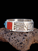 Sterling Silver Zuni Turquoise and Coral Inlay Spinner Bear Bracelet - PuebloDirect.com