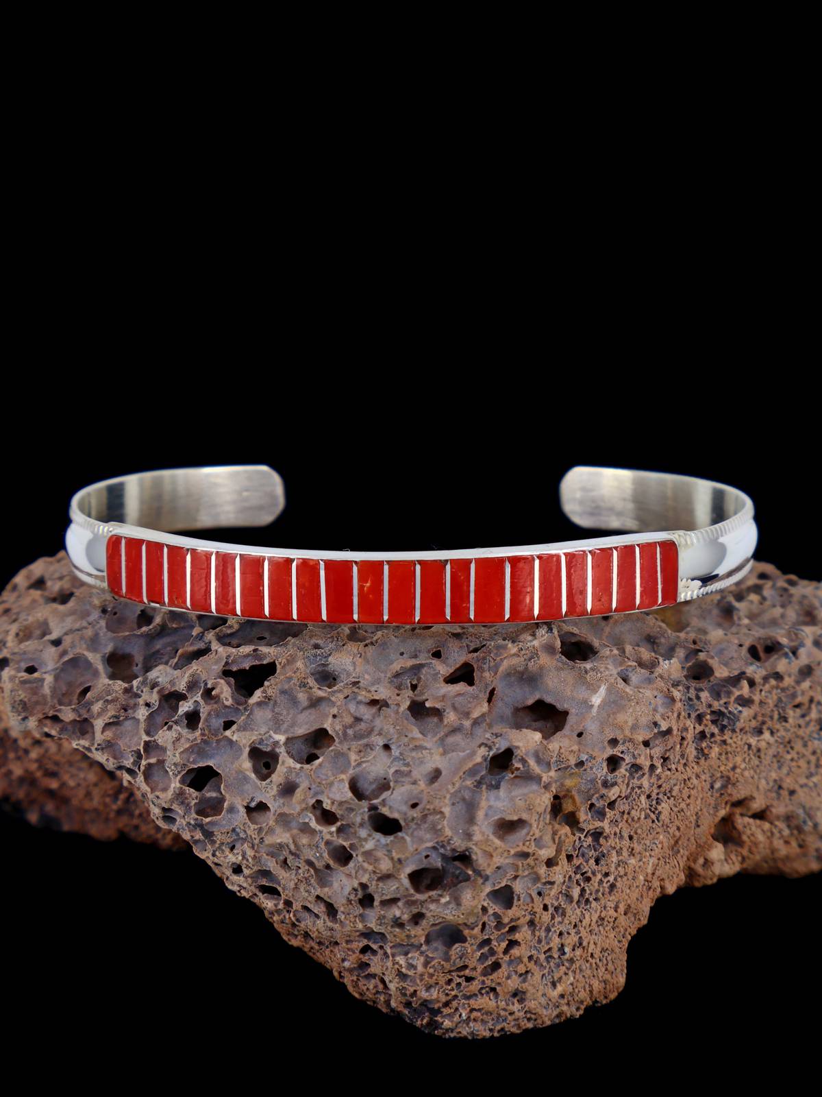 Native American Jewelry Zuni Coral Inlay Cuff Bracelet - PuebloDirect.com