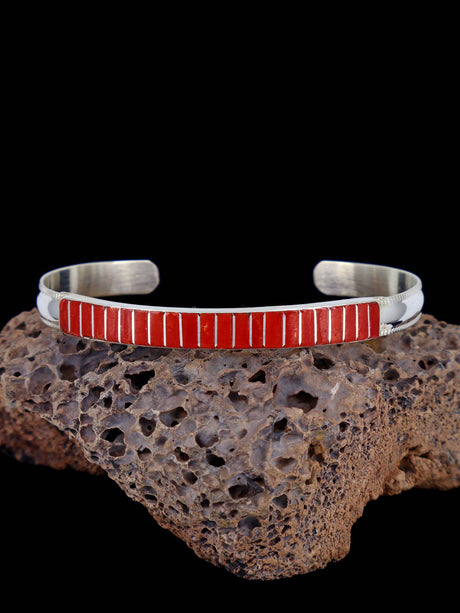 Native American Jewelry Zuni Coral Inlay Cuff Bracelet - PuebloDirect.com