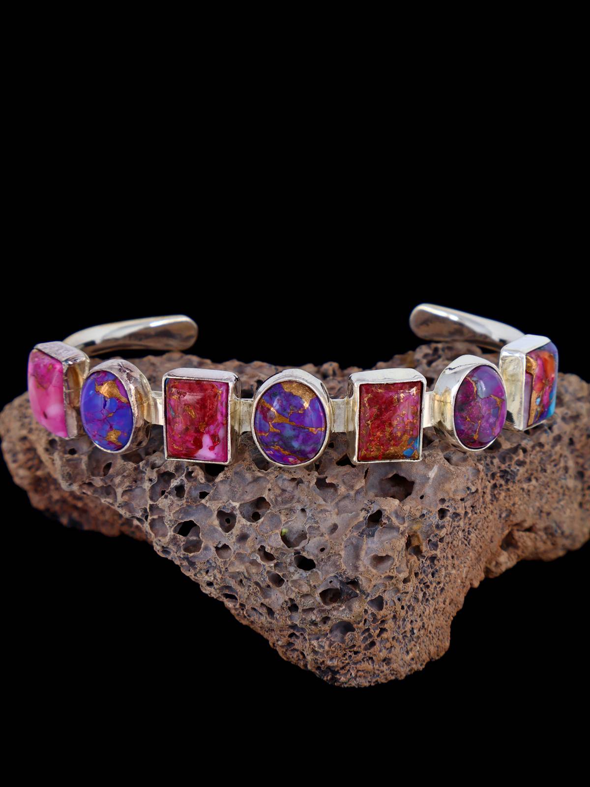 Navajo Compressed Turquoise and Spiny Oyster Sterling Silver Cuff Bracelet - PuebloDirect.com