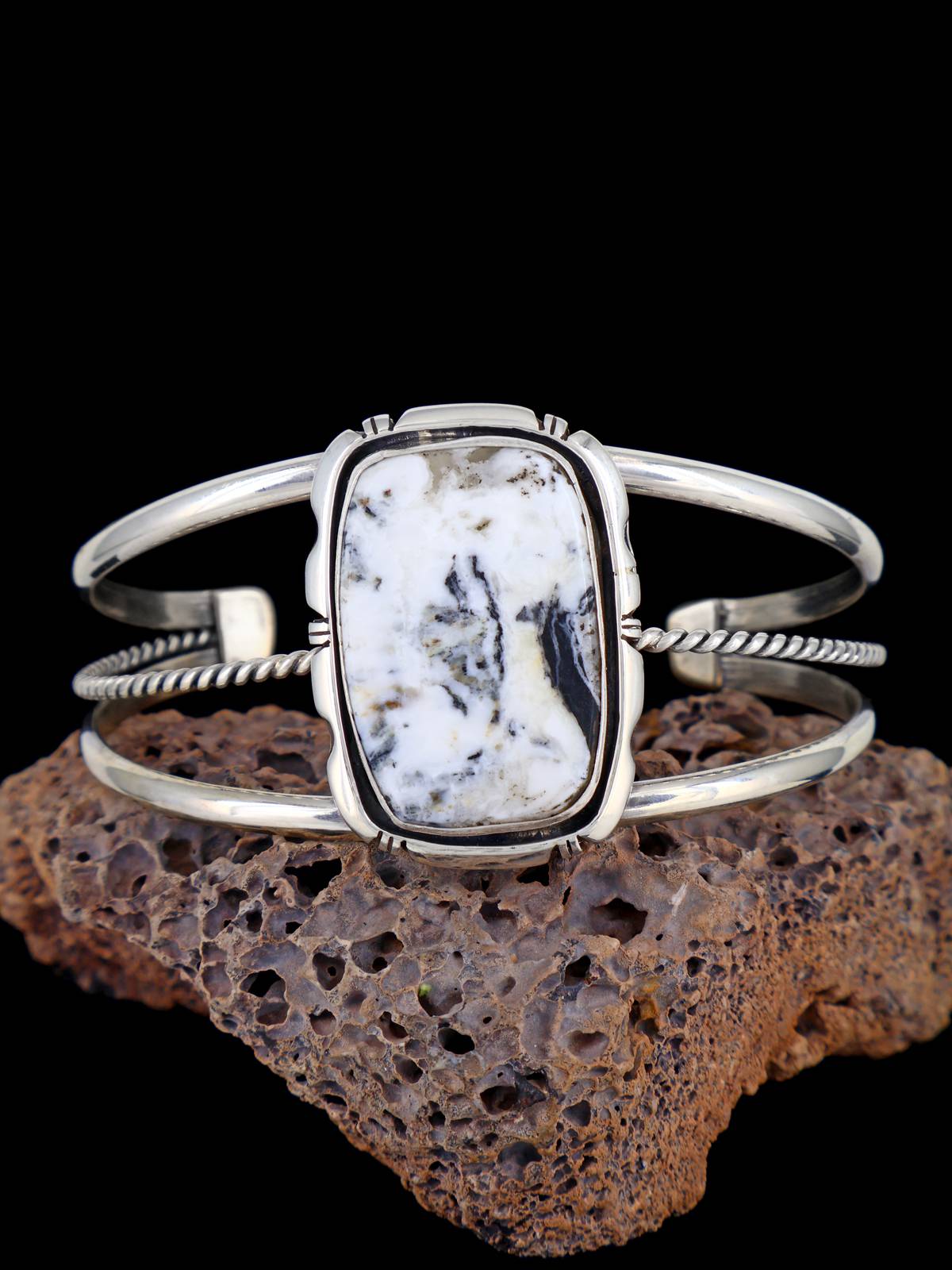 Navajo Jewelry Sterling Silver White Buffalo Cuff Bracelet - PuebloDirect.com