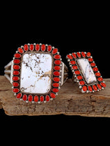Estate Navajo Coral and White Buffalo Bracelet and Size 6 Ring Set - PuebloDirect.com