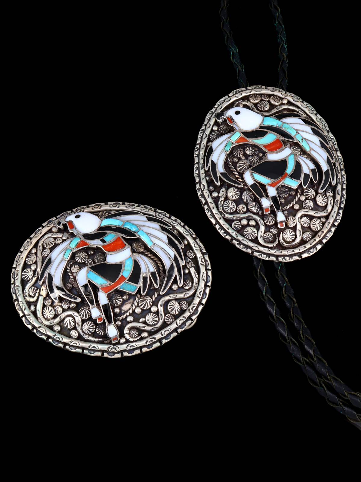 Old Zuni Inlay Jewelry Sterling Silver Dancing Eagle Bolo and Buckle Set