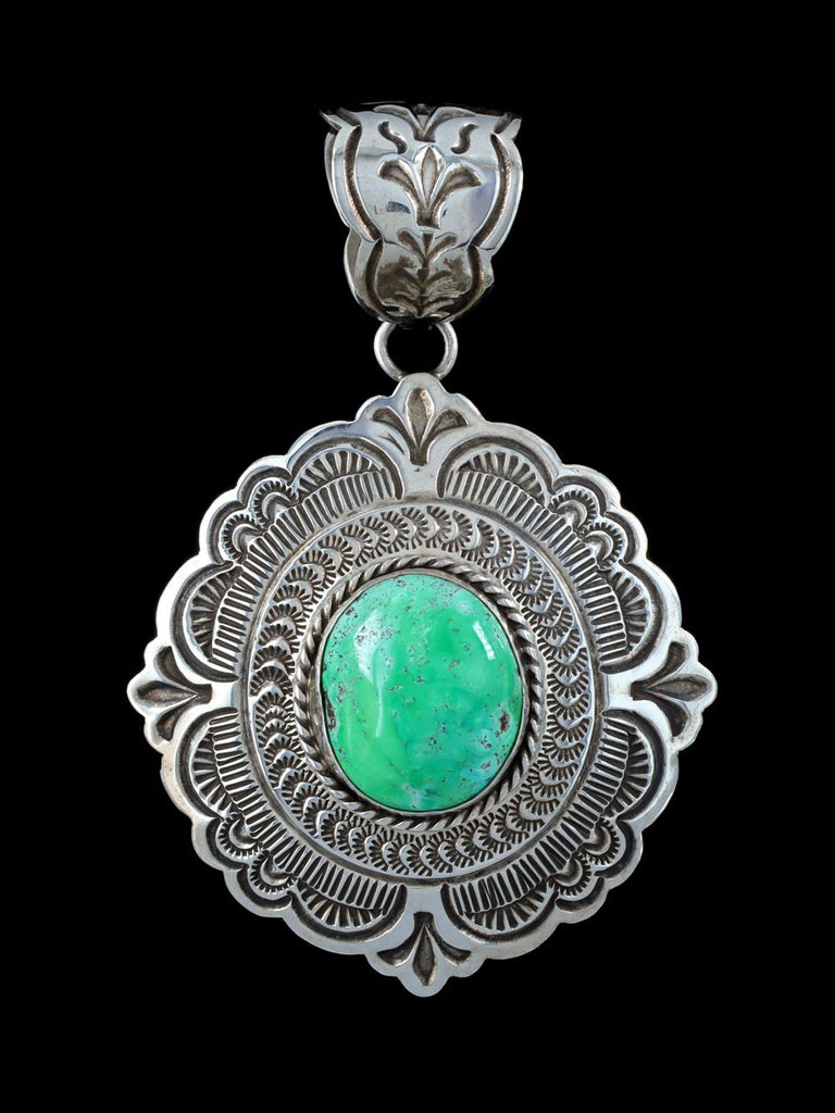 Navajo Sterling Silver Stamped Carico Lake Turquoise Pendant - PuebloDirect.com