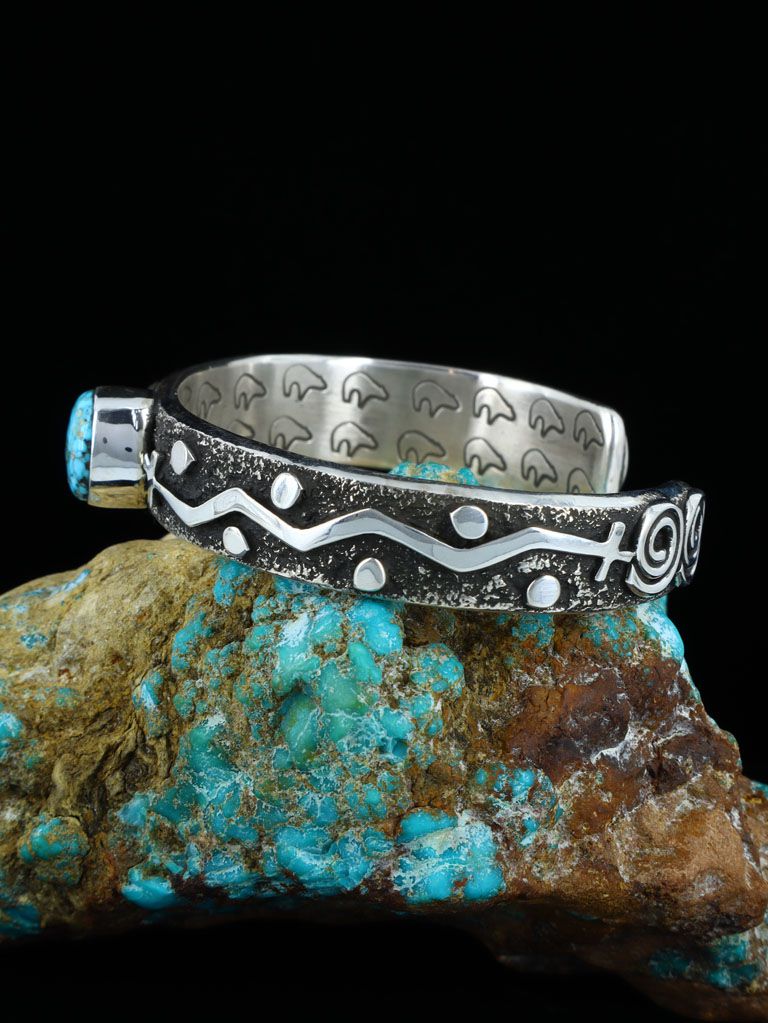 Navajo Sterling Silver Kingman Turquoise Petroglyph Cuff Bracelet - PuebloDirect.com
